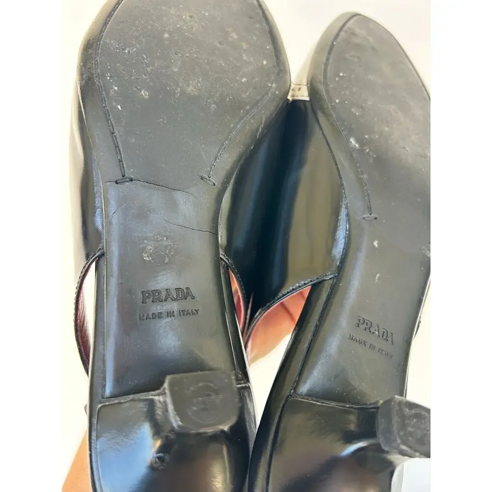 Vintage Prada Kitten Heels Slingbacks Low Sandals Tan Black 37 7 Bow Preppy
